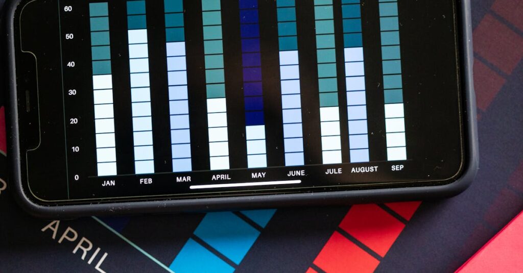 Smartphone displaying data chart on a printed financial graph surrounded by a red notebook.
